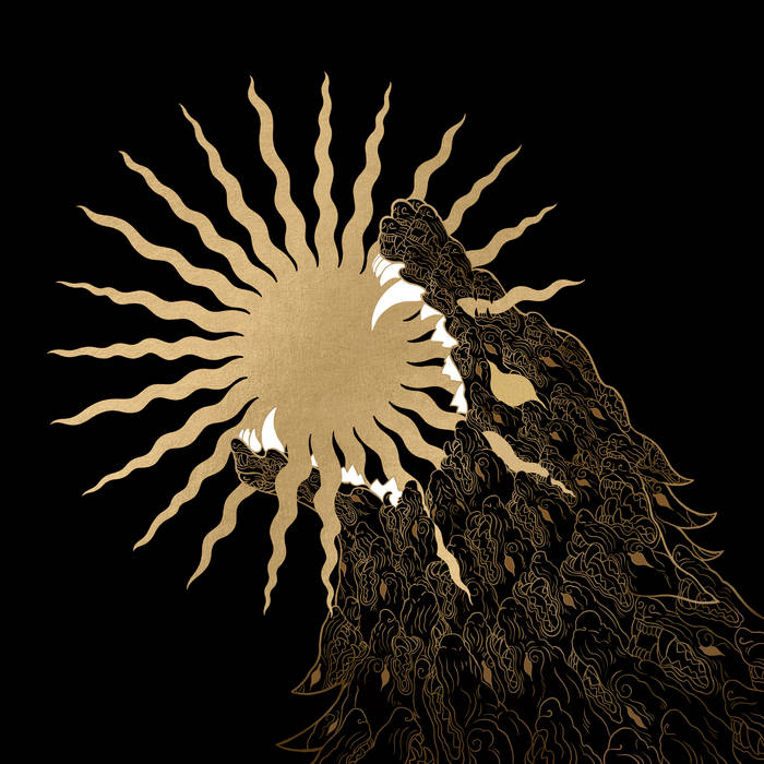 What looks to be a drawing of a wolf eating the sun.