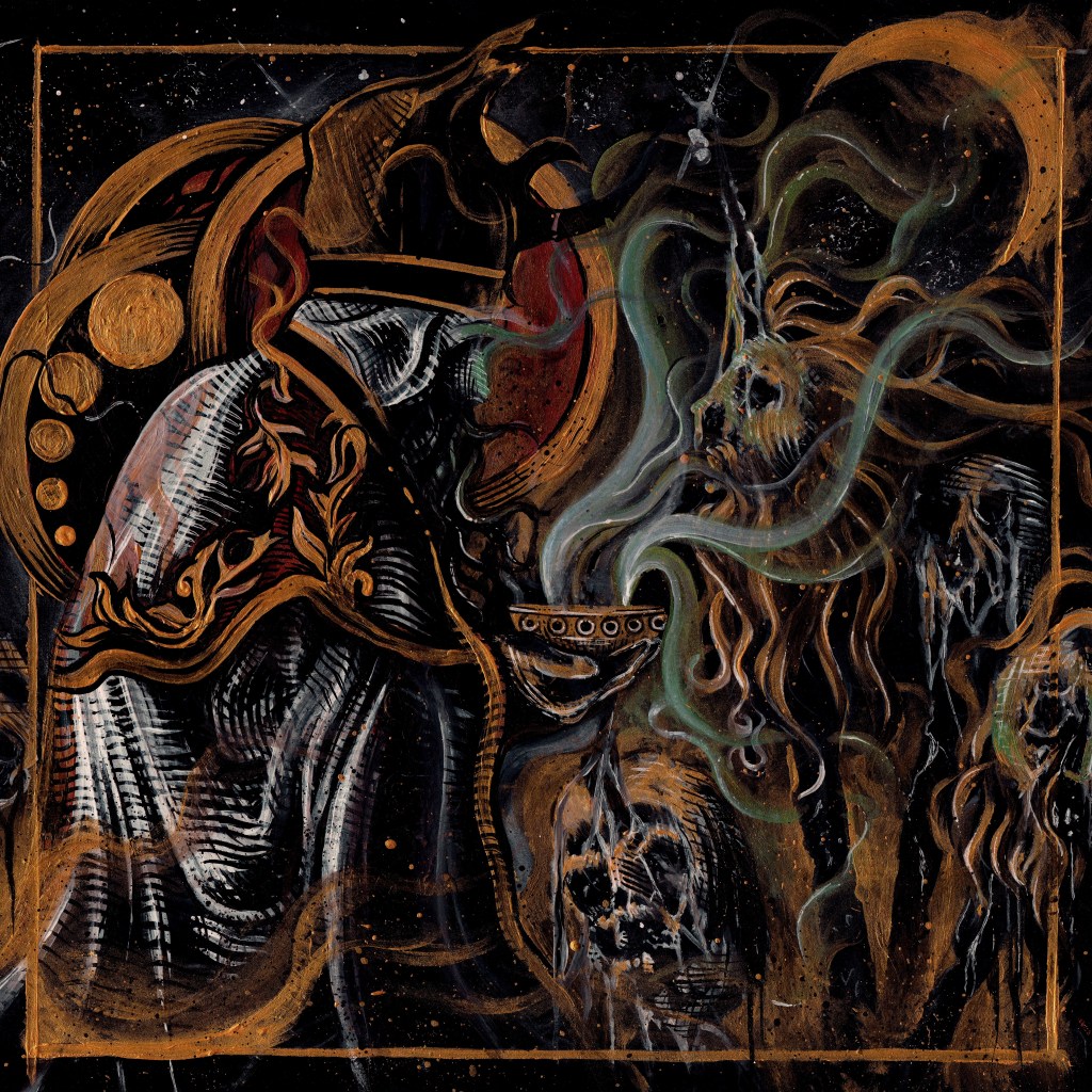 Sorcerer-like figure conjures ghostly spirit from a smoking chalice.