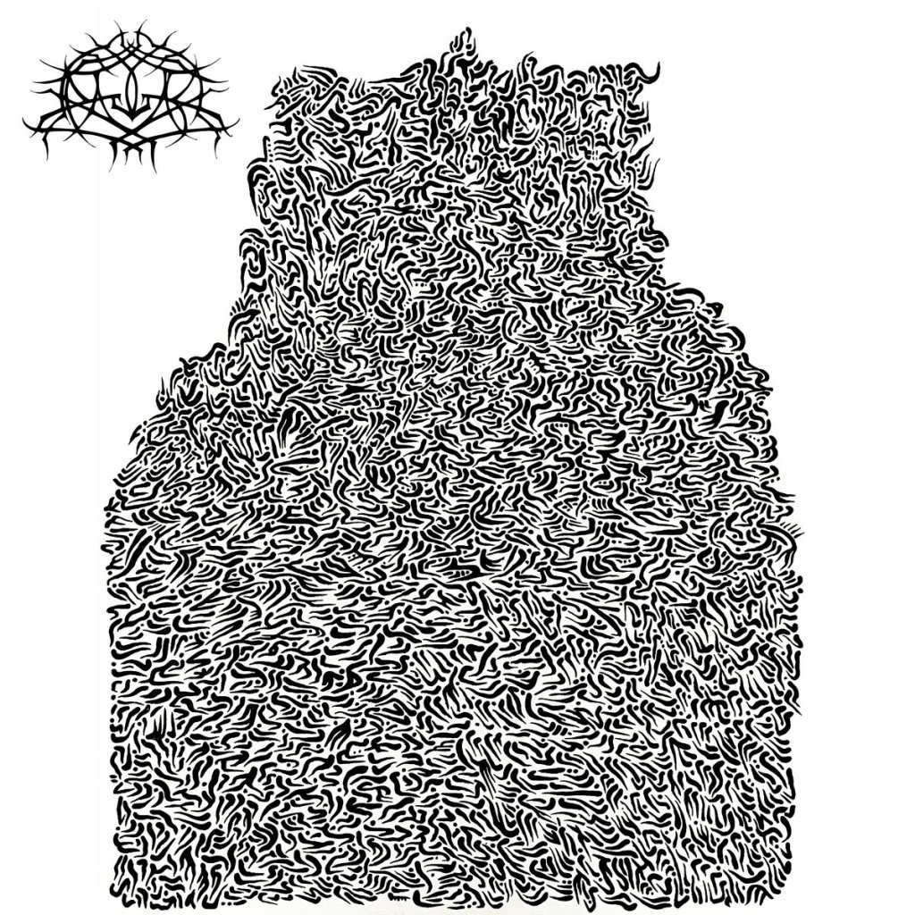 Intricate black and white ink illustration of a tombstone silhouette with a spiky metal logo.