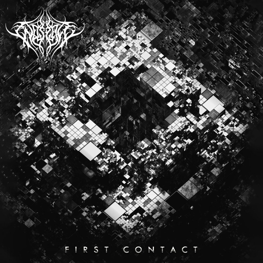 Black and white album cover of an abstract geometric cube made of pixelated blocks